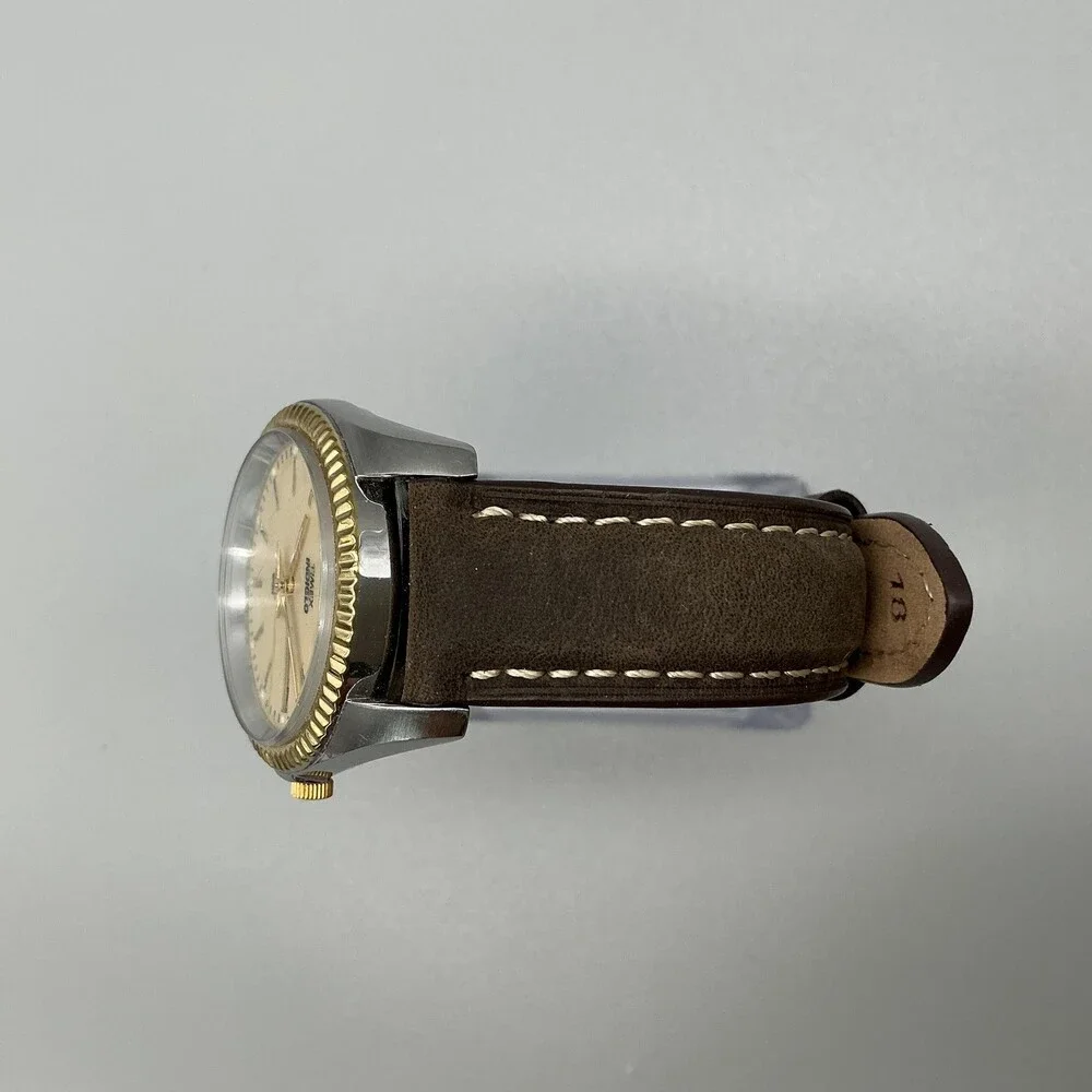 Vtg Timex Indiglo Mens Watch 34mm Two Tone Brown Leather Day Date New Battery
